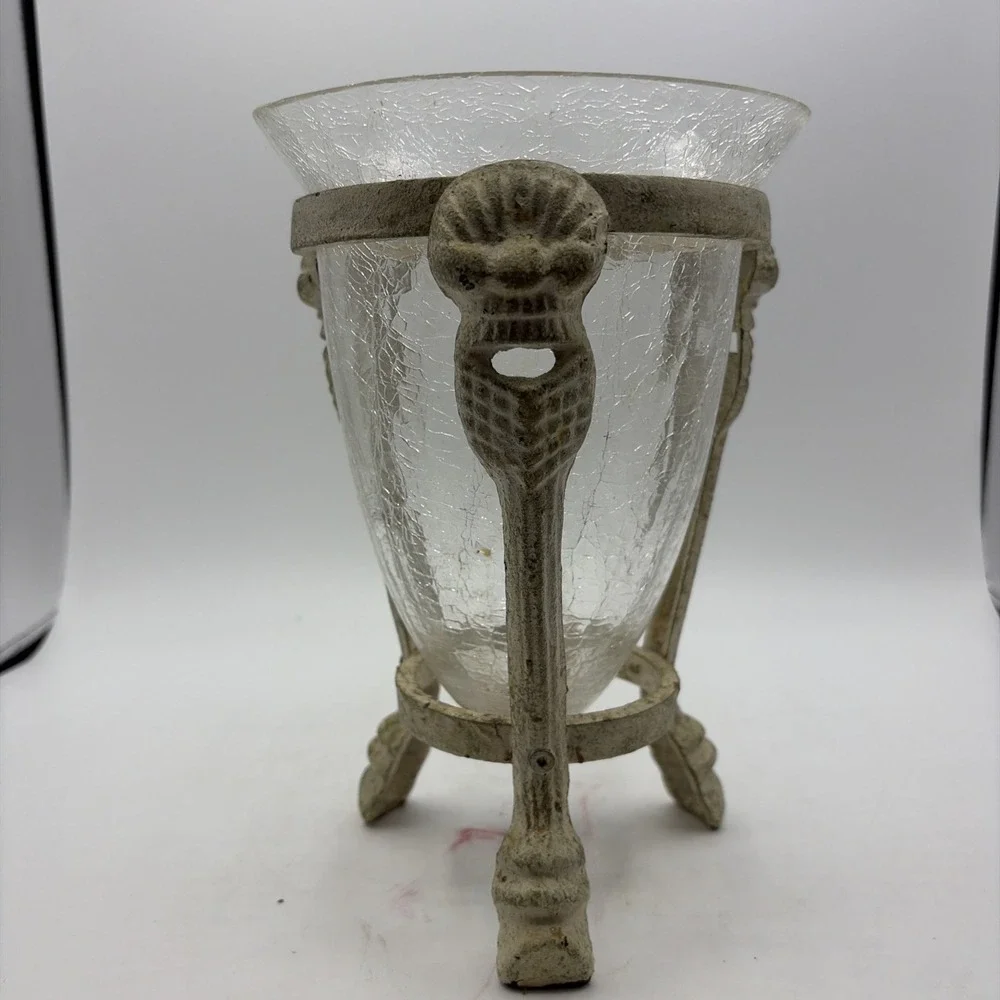 Three Footed Metal Stand w/Crackle Glass Vase Insert Centerpiece - 8 3/4